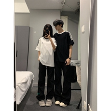 抖音得物品质夏季美式高街纯棉三条杠织带男女短袖T恤ZD588特25，男装T恤，电商A486-1