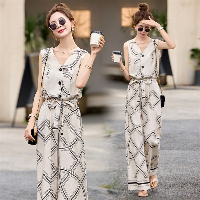 2025夏新款时髦洋气度假风印花V领时尚气质系带收腰显瘦连体裤女，女装套装/套裙，布芭啦