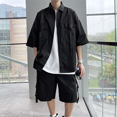 套装男卡扣高街潮牌2023夏季新款ins宽松帅暗黑上衣短裤W2483-P55，男装休闲套装，星座412-2