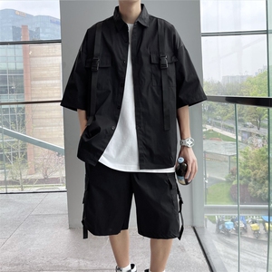 套装男卡扣高街潮牌2023夏季新款ins宽松帅暗黑上衣短裤W2483-P55图片