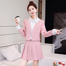 现货2025新款春季重工艺衬衣领短外套小个子甜美半裙两件套送腰带，女装套装/套裙，美静678