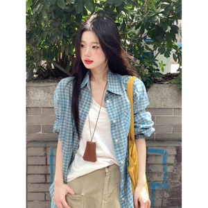 TC767-P45蓝色格子衬衫上衣女2026新款夏季薄款慵懒风休闲宽松图片