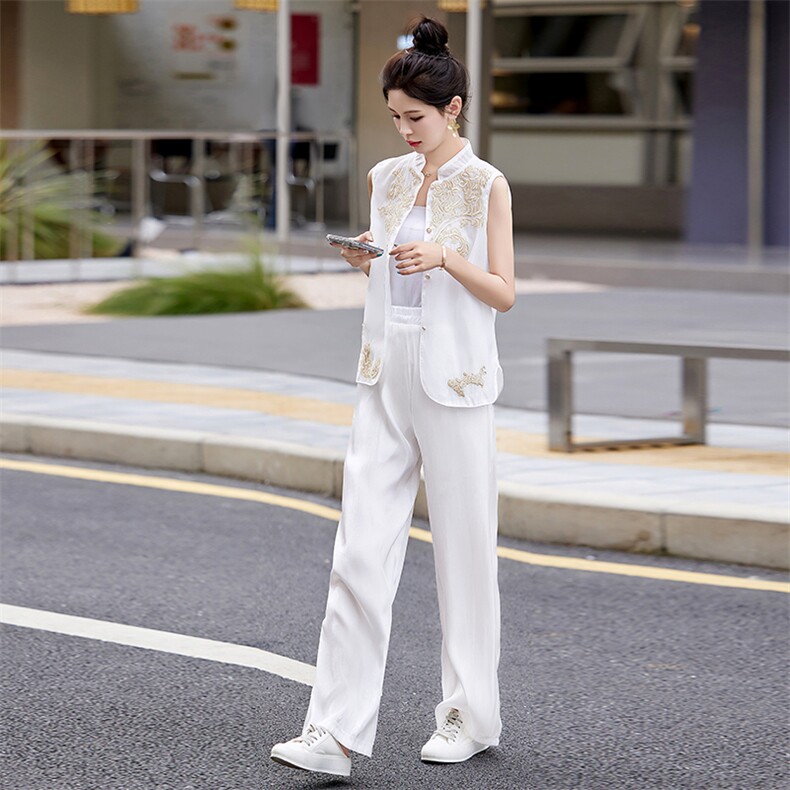 法Moaks新中式无袖马甲刺绣套装女夏季新款冰丝裤两件套,女装套装/套裙,采品优优