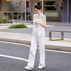 法Moaks新中式无袖马甲刺绣套装女夏季新款冰丝裤两件套，女装套装/套裙，采品优优