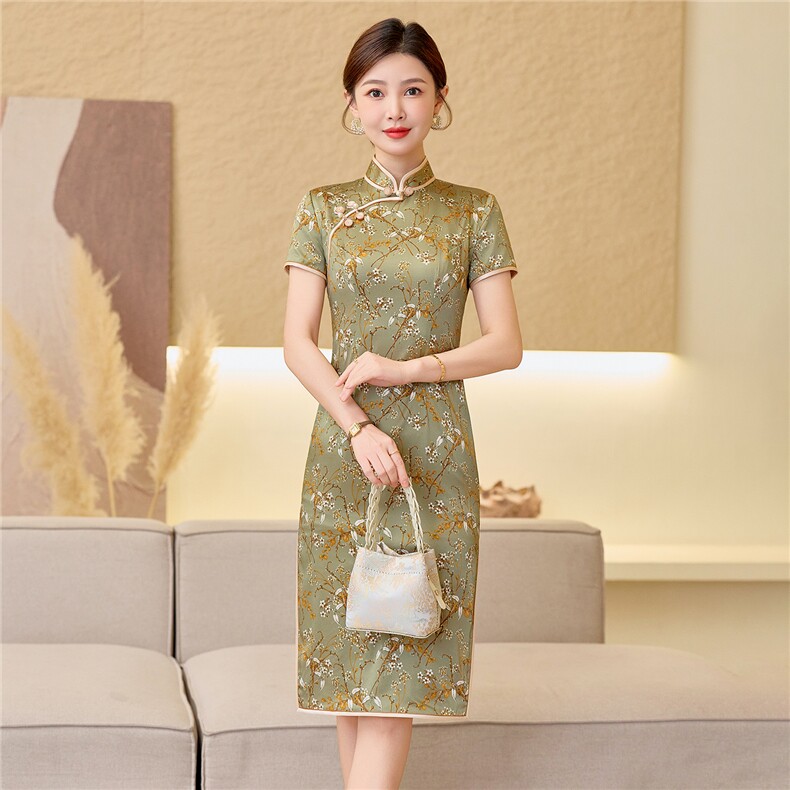 杭州品质真丝中长裙复古印花连衣裙女春夏日常修身潮流真丝旗袍,女装汉服/婚纱/旗袍/礼服,小荷流