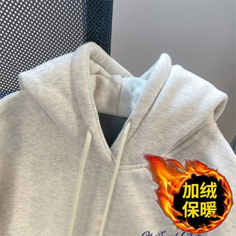美式复古浅灰色连帽重磅卫衣男早秋冬宽松bf慵懒风oversize薄外套,女装短外套,星座715-4