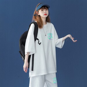 中性 2023夏季简约宽松ins圆领短袖运动风T恤套装 TZ14 P50控68图片