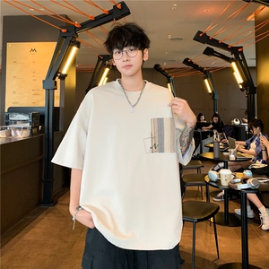 短袖t恤男潮牌夏季宽松五分袖红潮流ins简约印花衣T39/P38图片