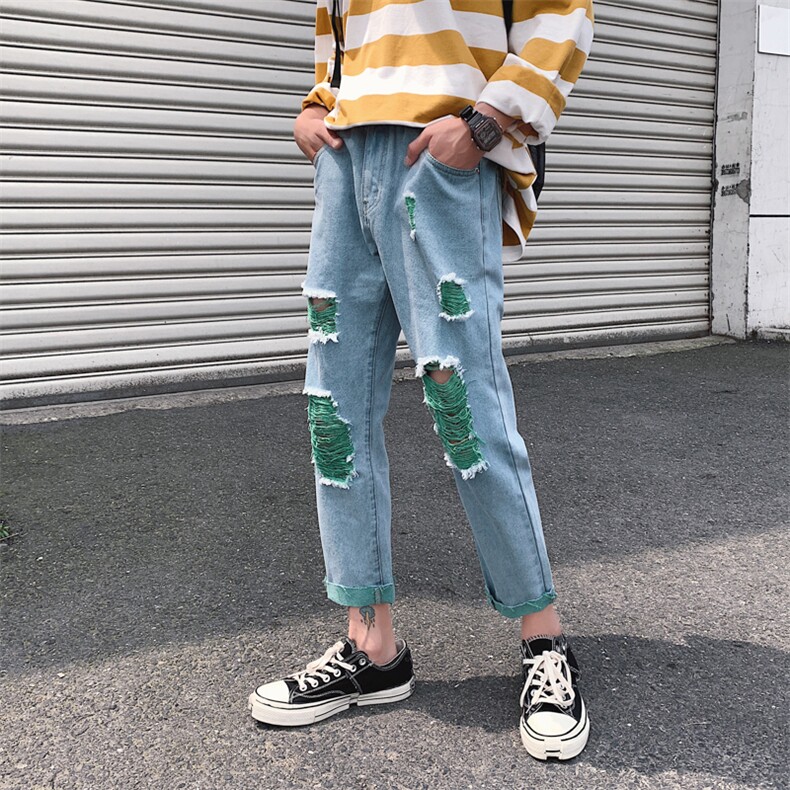 网红ins男女绿色破洞牛仔裤chic韩版潮流港味九分裤N/,男装牛仔裤,电商D202