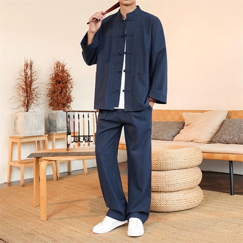 风棉麻套装苎麻长袖盘扣男士纯色套装两件套秋DSA008-TZ2523,男装休闲套装,电商A008