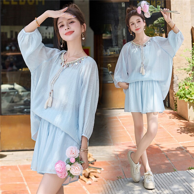 2025夏季新款时尚套装女洋气小个子短袖上衣阔腿裤两件套潮，女装套装/套裙，韩美纤衣