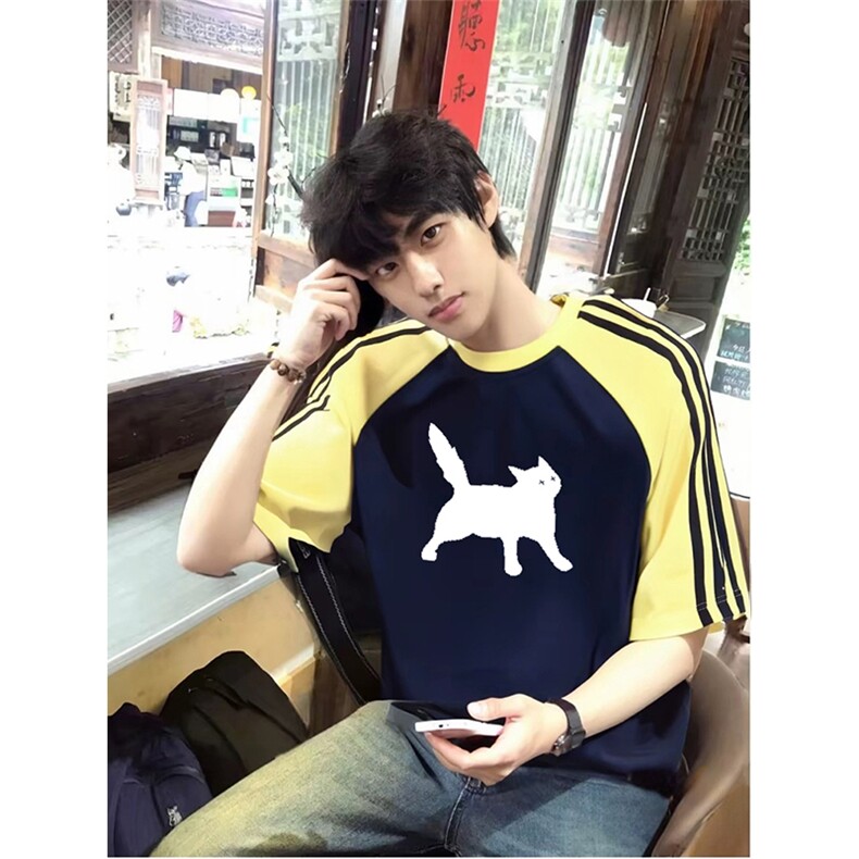 抖音得物品质二开240克宽松纯棉美式潮牌插肩三杠织带短袖T恤,男装T恤,电商A486