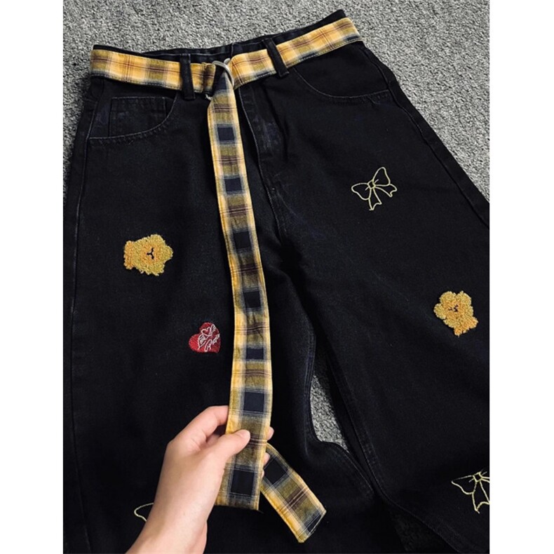 美式复古多口袋花朵刺绣牛仔裤直筒工装裤春夏宽松显瘦伞兵长裤,男装牛仔裤,星座601-1