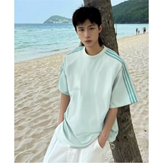抖音得物品质二开240克宽松纯棉美式潮牌印花三条杠中性风短袖T恤，男装T恤，电商A486-1
