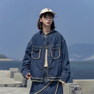 慵懒潮流日系流行气质早秋新款法式复古棉麻撞色绣花牛仔外套新款图片