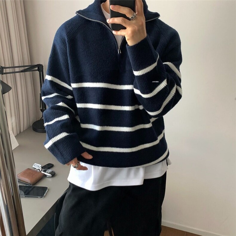 【有货】DZ27-P50加厚半拉链条纹毛衣男士秋冬慵懒宽松针织衫男,男装针织衫/毛衣,星座603-2