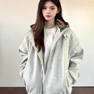 美式秋冬季2025假两件格子连帽棉服男女同款复古街头拉链上衣外套图片