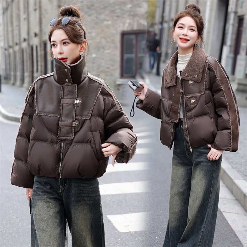潮羽绒服女款2025新款冬季白鸭绒蛋白皮拼接仿羊羔毛绒领小香风外套图片