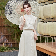 芷墨夏季新款复古中式透气设计感流苏套装重工刺绣上衣裙子两件套，女装套装/套裙，芷墨服饰