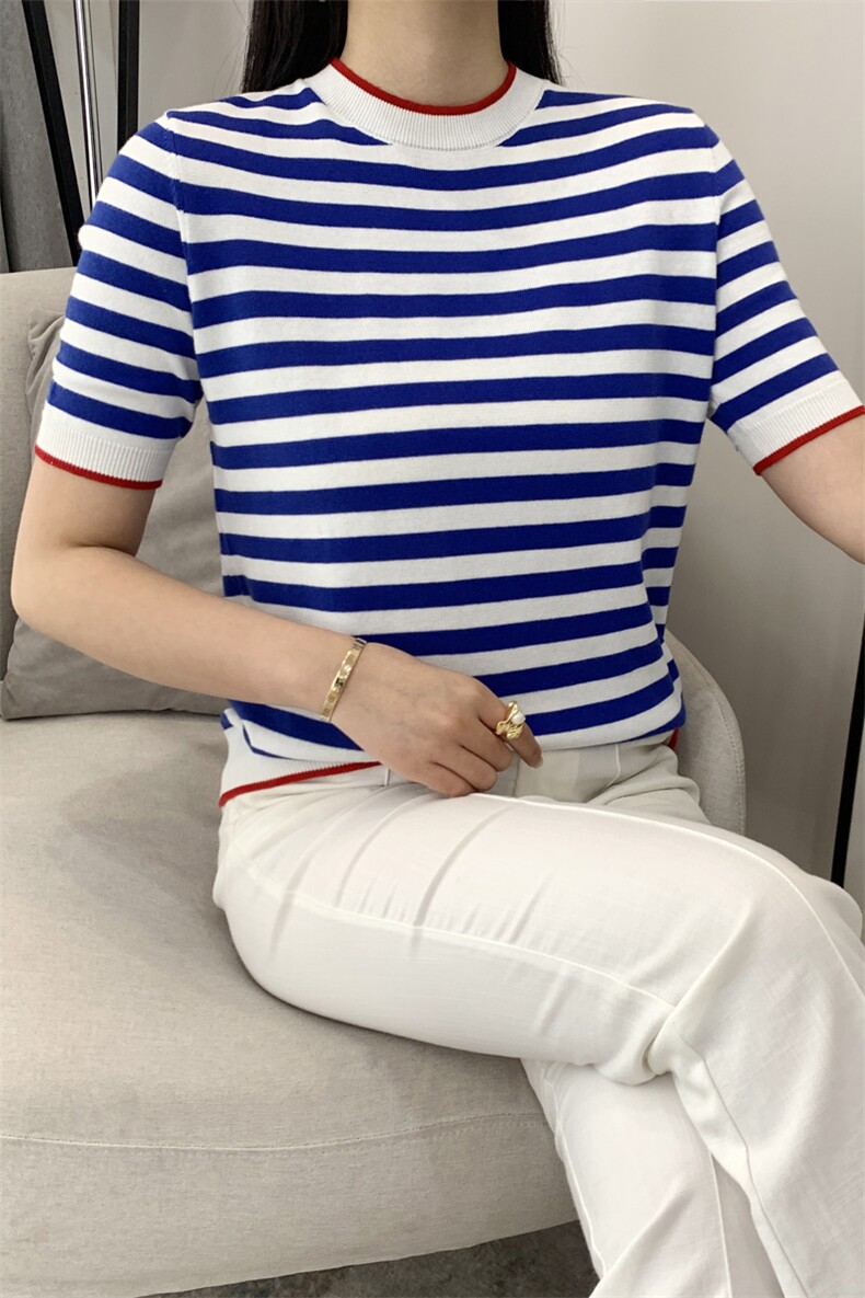 纯棉线条纹短袖T恤衫女圆领套头时尚宽松半袖背心短款针织上衣夏,针织衫/毛衣,玛莎羊绒