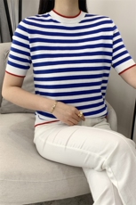 纯棉线条纹短袖T恤衫女圆领套头时尚宽松半袖背心短款针织上衣夏，女装针织衫/毛衣，玛莎羊绒