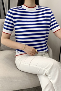 纯棉线条纹短袖T恤衫女圆领套头时尚宽松半袖背心短款针织上衣夏图片
