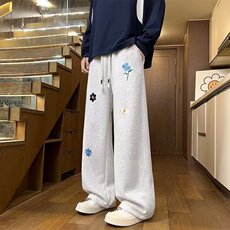 立体小花刺绣直筒宽松水洗牛仔裤男女美式复古情侣设计感阔腿长裤，女装休闲裤，星座1210-1
