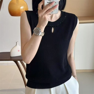 夏季无袖圆领冰丝背心女别致珍珠弹力修身百搭薄款透气外穿打底衫图片
