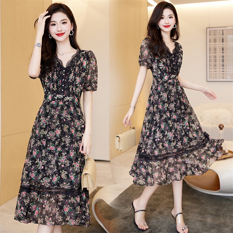 雪纺碎花连衣裙女夏2024新款气质修身名媛高级感复古遮肚显瘦裙子，女装连衣裙，卡杰菲