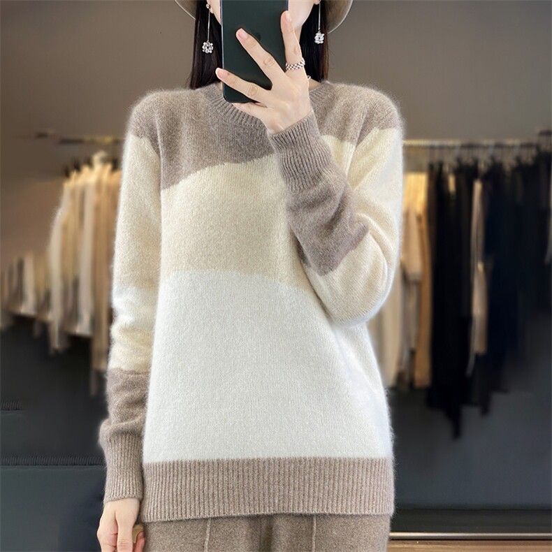 羊范拉绒系列~100毛衣女圆领宽松慵懒风拼色打底文艺风上衣，女装羊毛衫，犀桦羊绒