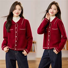 女士洋气减龄外套秋新款气质轻奢翻领针织开衫2025新款外穿毛衣，女装羊毛衫，艾米