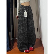 美式高街工装阔腿迷彩牛仔裤男女新款高腰直筒拖地裤子L83533-P47，男装牛仔裤，星座1008