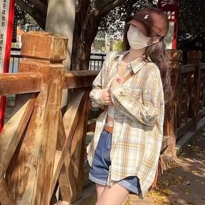 美式复古polo领格子衬衫宽松港风幂式穿搭设计感防晒开衫长袖上衣图片