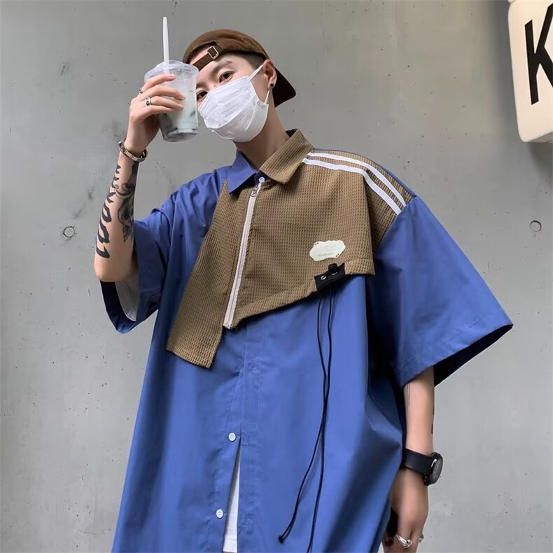 小众设计感拼接短袖衬衫男夏季美式潮牌休闲情侣衬衣上衣HC10-P43,男装衬衫,星座1008