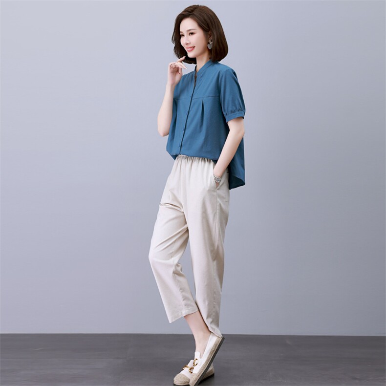 时尚休闲棉麻两件套女夏新款宽松显瘦短袖上衣阔腿裤套装,女装套装/套裙,依恋蒂丝