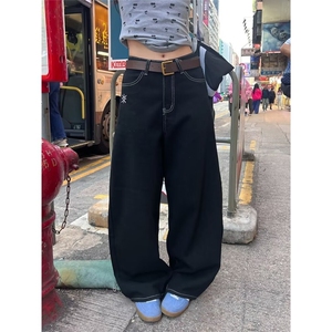美式复古格纹口袋拼接刺绣牛仔裤女设计感bf宽松阔腿休闲裤图片