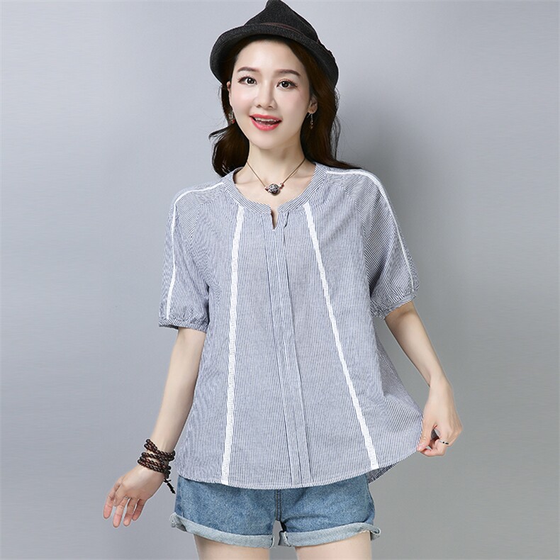 衬衫2021年夏季短袖竖条纹V领贴布时尚气质休闲潮流，女装衬衫，独衣靓