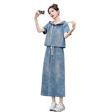 现货牛仔套裙2026年夏季新款女装时尚休闲连帽半裙两件套，女装套装/套裙，关键词