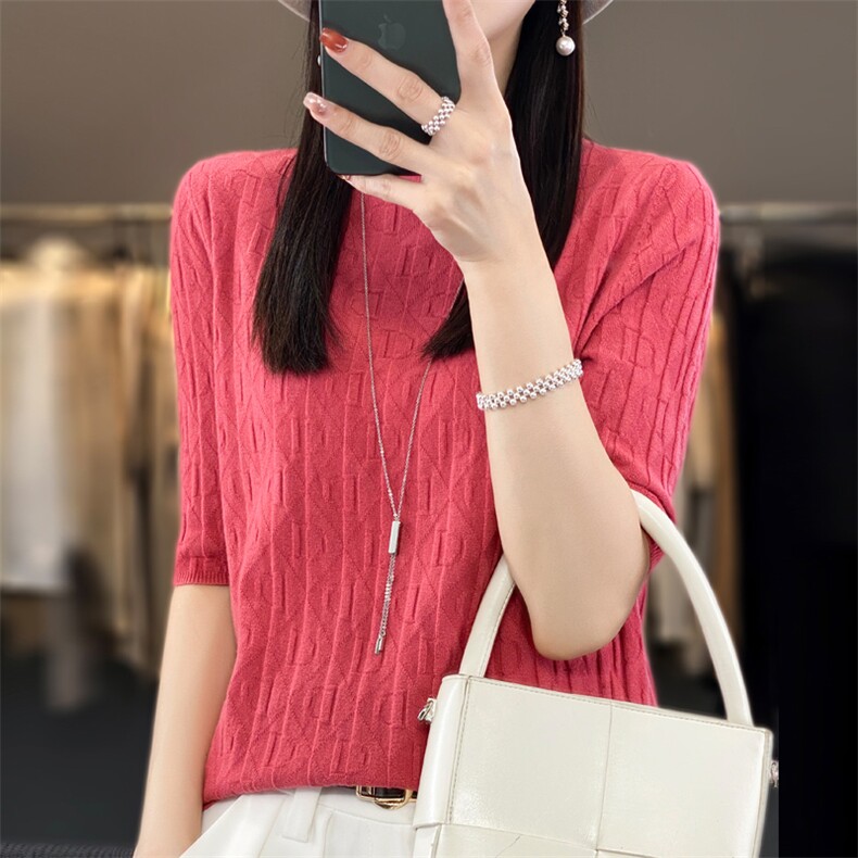春夏薄款半高领五分袖针织衫女新款提花宽松中袖毛衣短袖打底T恤,针织衫/毛衣,大美人包芯纱店