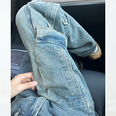 N101-P65美式水洗做旧工装牛仔拖地长裤男女秋冬做旧牛仔裤，男装牛仔裤，电商B327