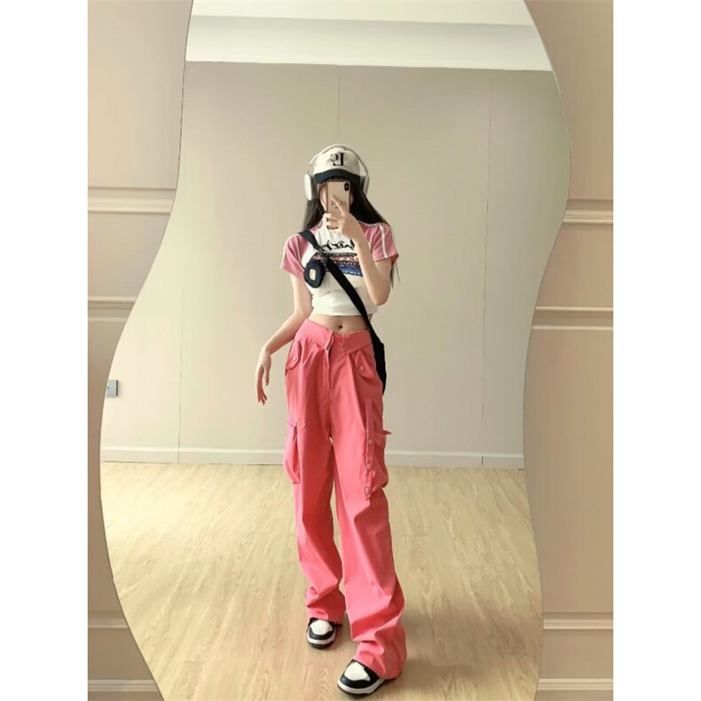 粉色个性街头直筒美式工装裤女新款高腰口袋工装阔腿裤AK18P58,男装休闲裤,星座1116-2