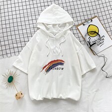 LD54126-P45 连帽短袖t恤男大码胖子带帽五分袖中袖图片