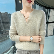 2025舒适百搭v领麻花长袖套头衫羊绒衫，女装羊绒衫，更慕羊绒