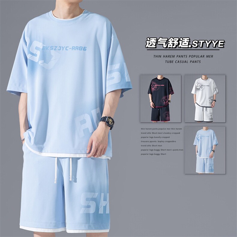 2025夏季新款无影墙大码假两件冰丝套装M-5XHQ25443-P65，男装休闲套装，电商A022