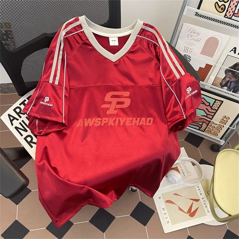 美式V领杠条球服短袖T恤男夏季宽松休闲短裤运动体恤ST547-P41,男装T恤,星座412-3