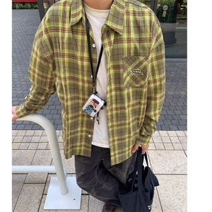 美式复古绿色格子衬衫男女宽松设计感上衣休闲长袖衬衣外套春秋图片