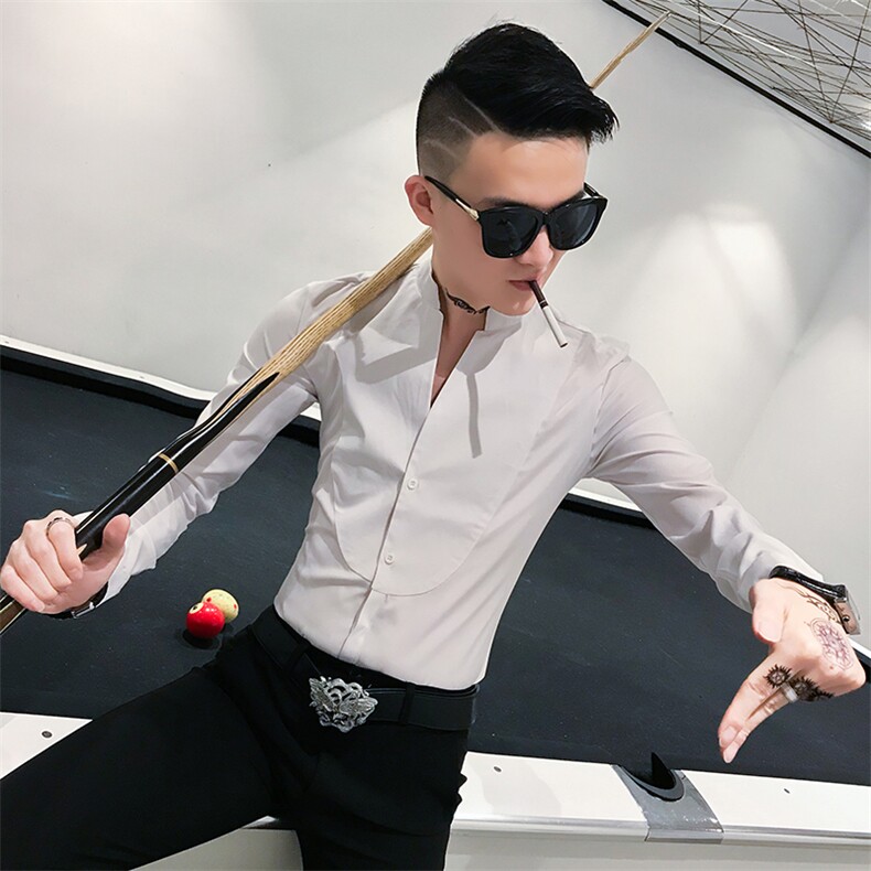 312A-836-P50新款立领纯色修身衬衫男发型师网红夜场工装衬衫-首4,男装衬衫,星座312A-5