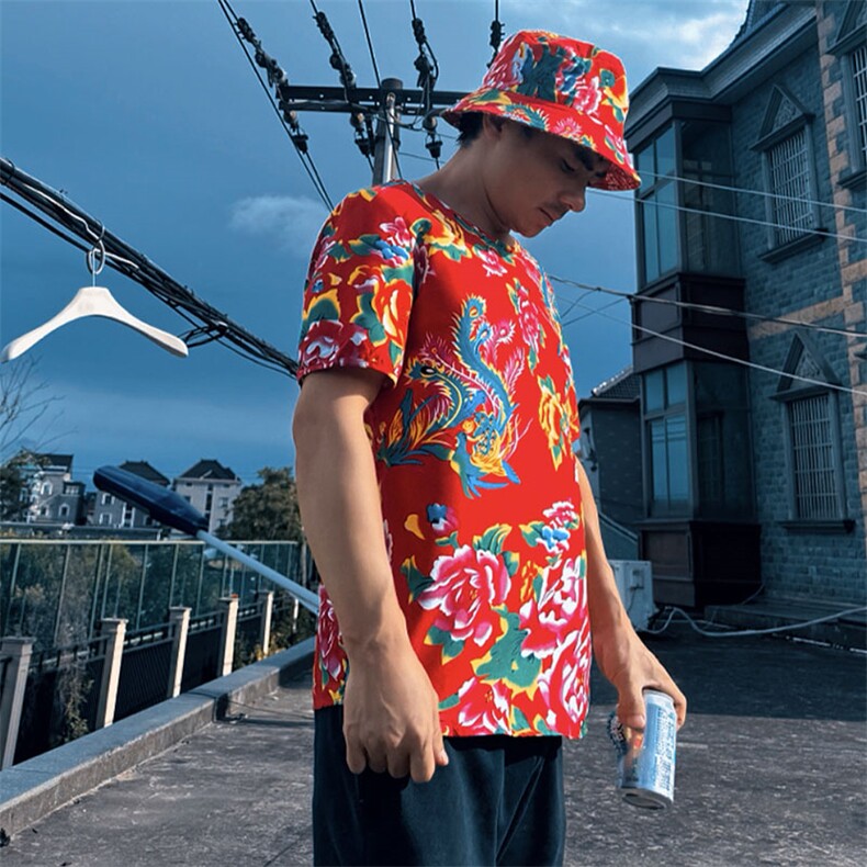 HT203夏男休闲东北大花民族风牡丹花圆领短袖T恤青少年大码男女潮，男装T恤，星座115A-2