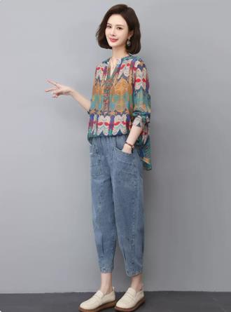 妈妈时尚两件套2025夏季印花衬衣中年宽松显瘦套装薄款九分牛仔裤,女装套装/套裙,叶笙衣