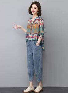 妈妈时尚两件套2025夏季印花衬衣中年宽松显瘦套装薄款九分牛仔裤图片